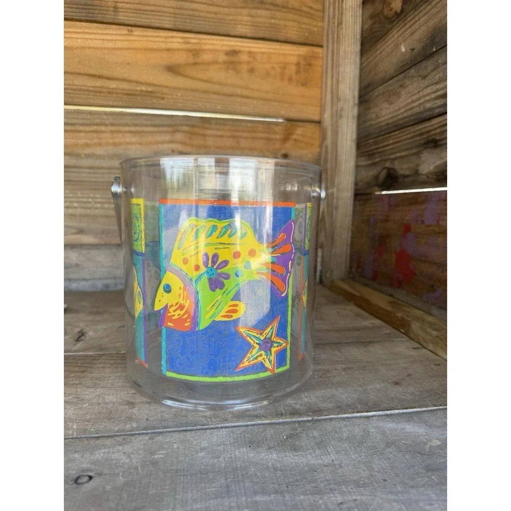 Vintage 90s Clear Ice Bucket Tropical Fish Retro‎ Beach Party With Lid